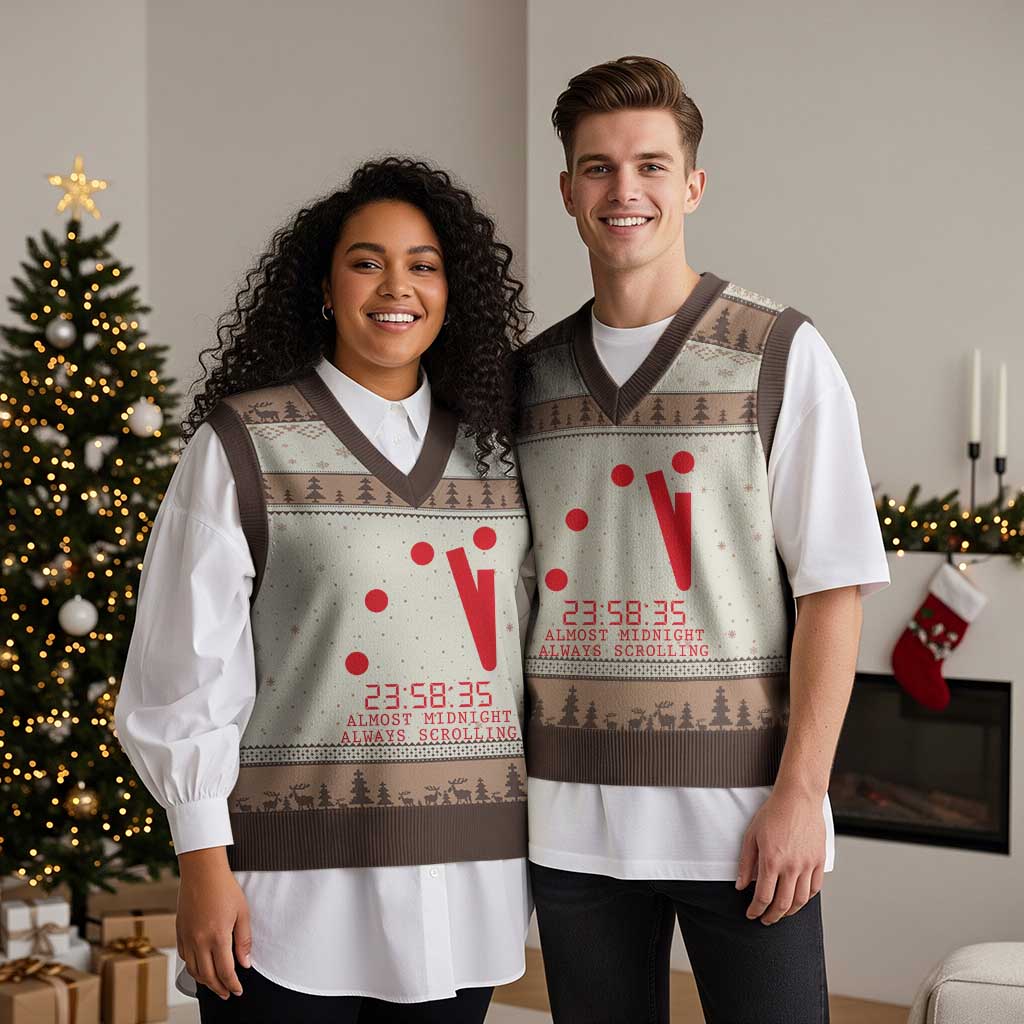 Doomsday Clock Armageddon V-Neck Knit Sweater Vest Almost Midnight Always Scrolling TS14 Mocha Mousse Print Your Wear