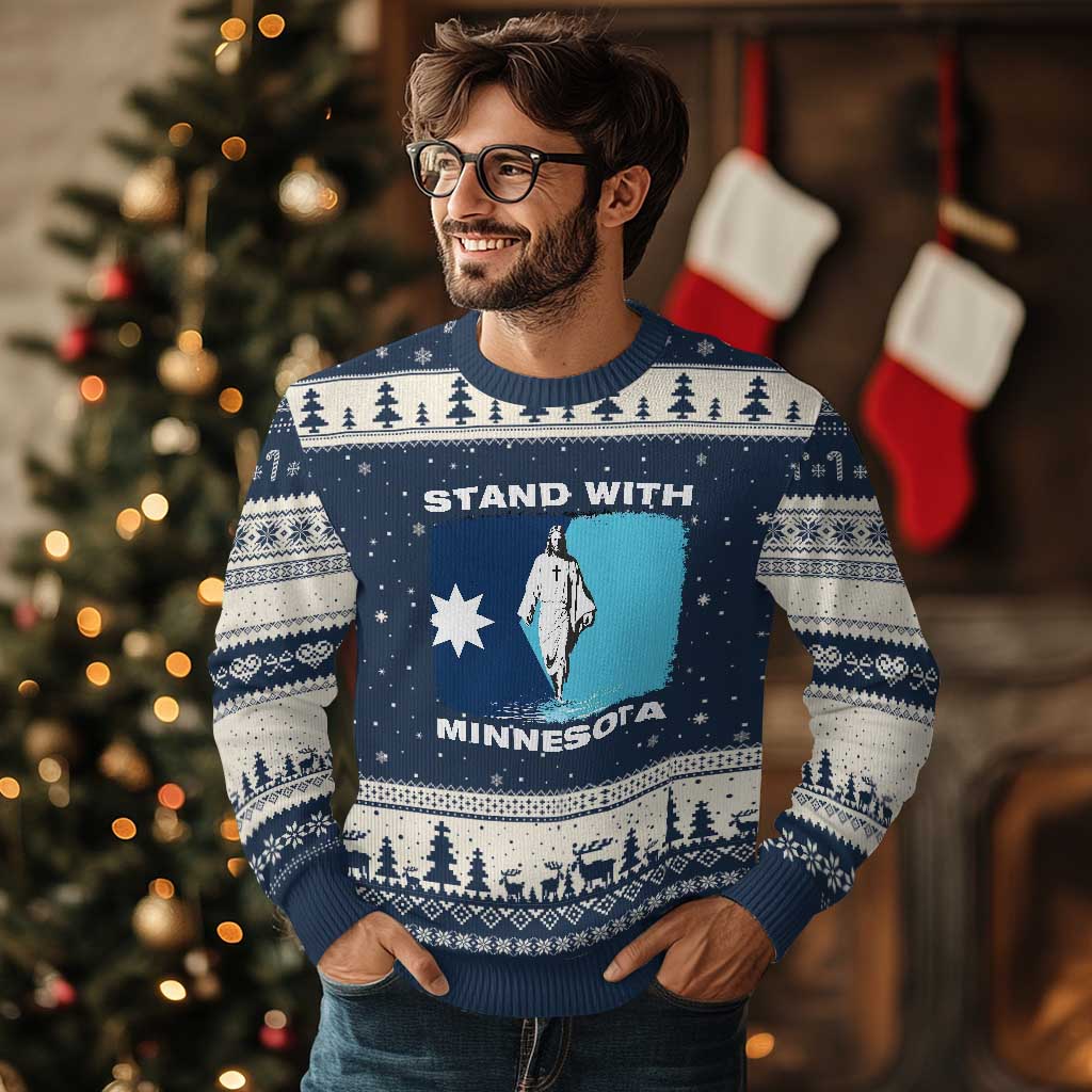 Stand with Minnesota Ugly Christmas Sweater Christian Jesus Minnesota Strong Subtle Anti ICE TS14 Navy Beige Print Your Wear