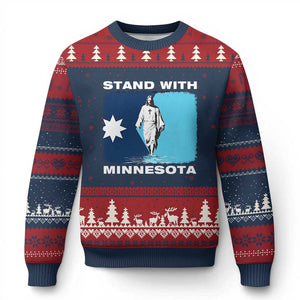 Stand with Minnesota Ugly Christmas Sweater Christian Jesus Minnesota Strong Subtle Anti ICE TS14 Navy Red Print Your Wear