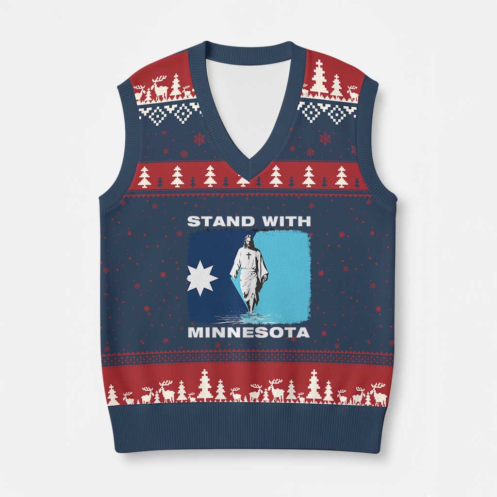 Stand with Minnesota V-Neck Knit Sweater Vest Christian Jesus Minnesota Strong Subtle Anti ICE TS14 Navy Red Print Your Wear