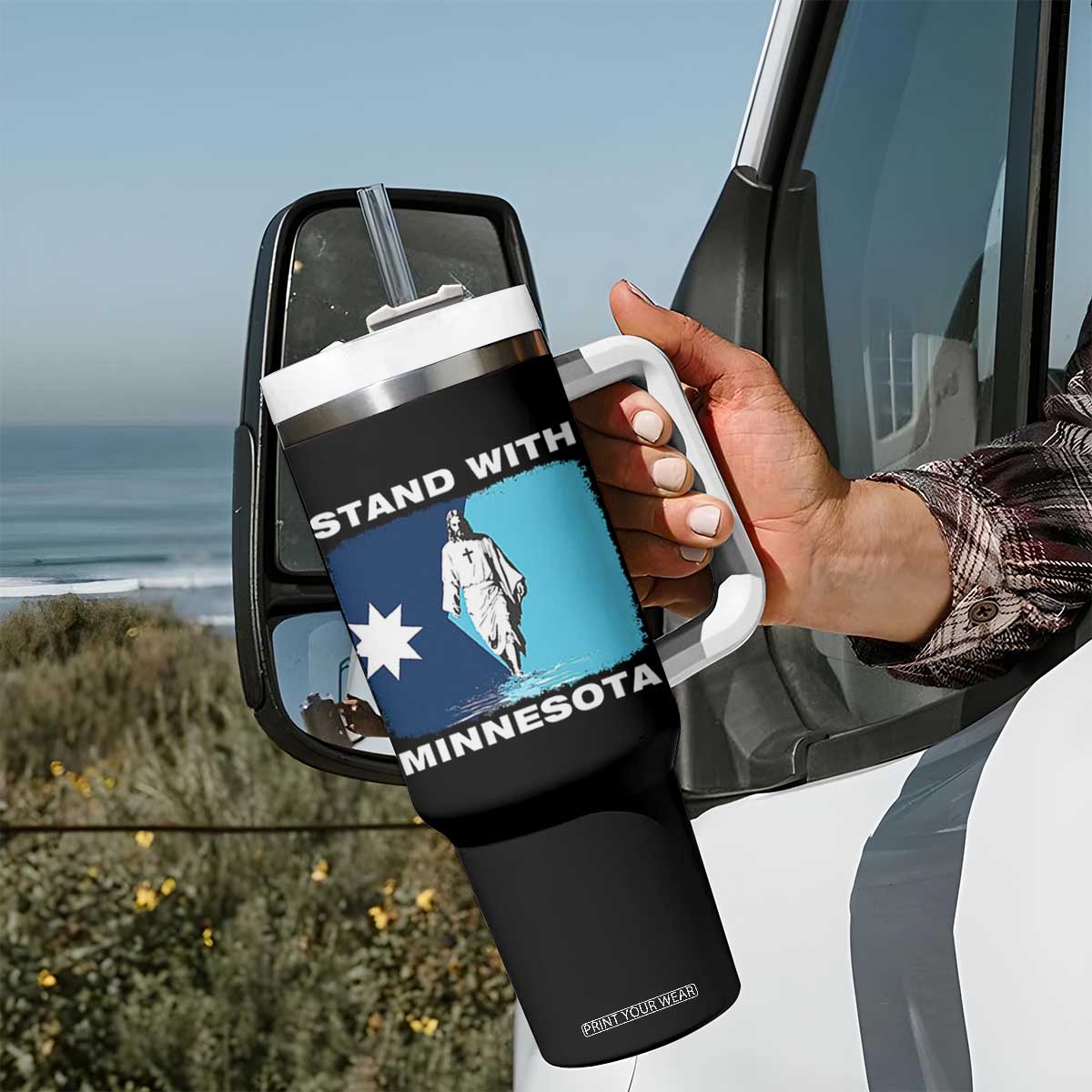 Stand with Minnesota Tumbler With Handle Christian Jesus Minnesota Strong Subtle Anti ICE TS14 Print Your Wear