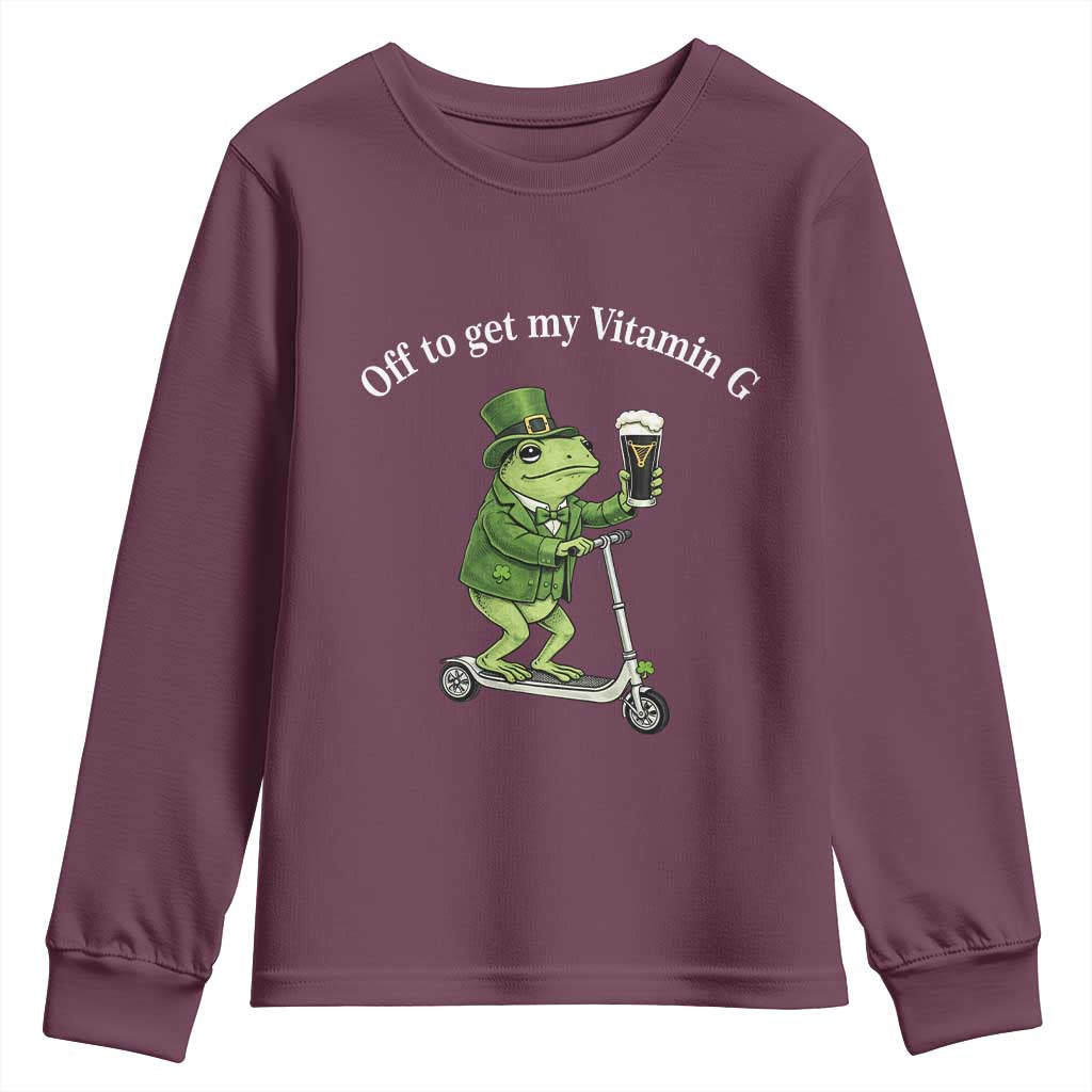 Funny Frog St Patricks Day Meme Youth Sweatshirt Vitamin G Irish Beer TS14 Maroon Print Your Wear