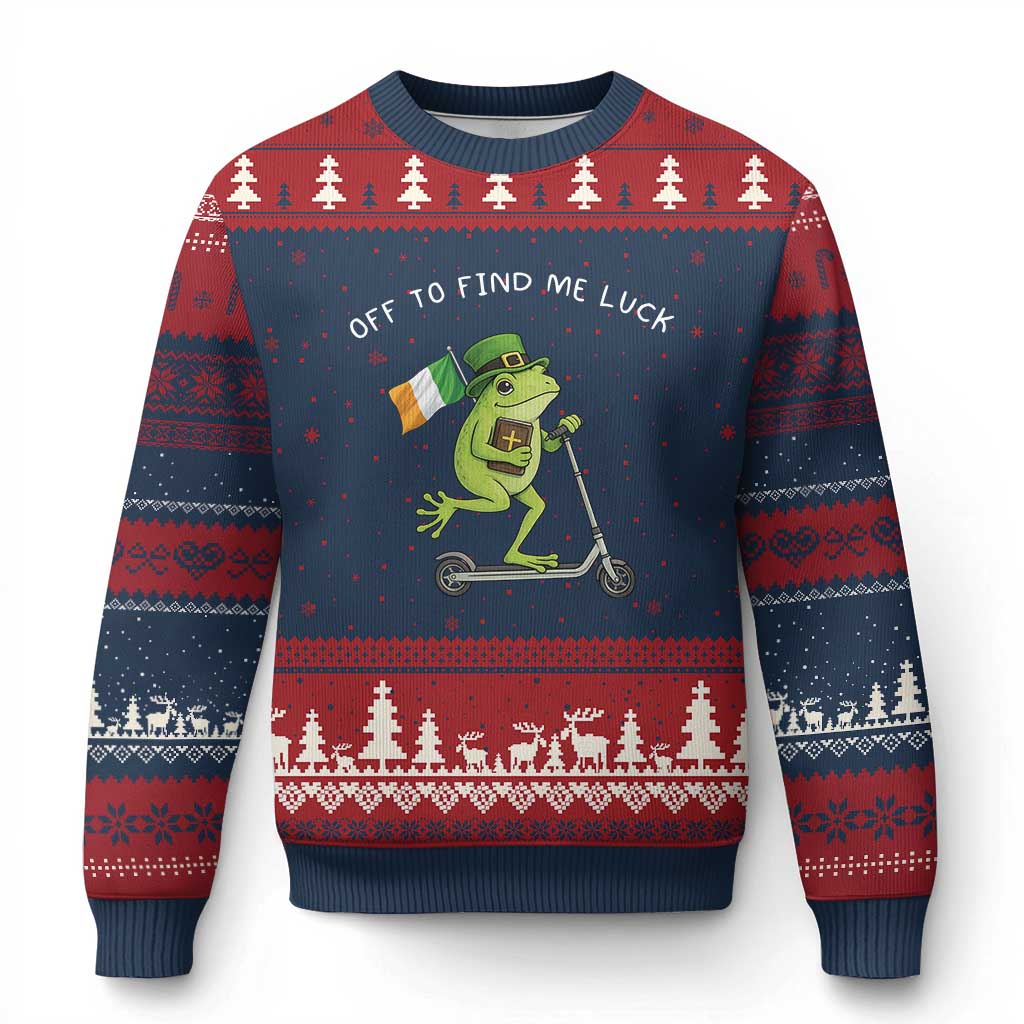 Funny Frog Christian St Patricks Day Ugly Christmas Sweater Off To Find Me Lucky TS14 Navy Red Print Your Wear
