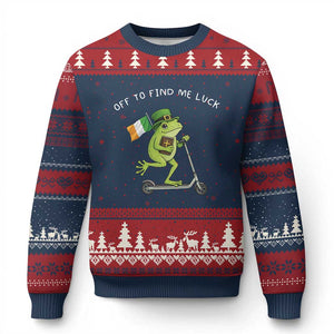 Funny Frog Christian St Patricks Day Ugly Christmas Sweater Off To Find Me Lucky TS14 Navy Red Print Your Wear