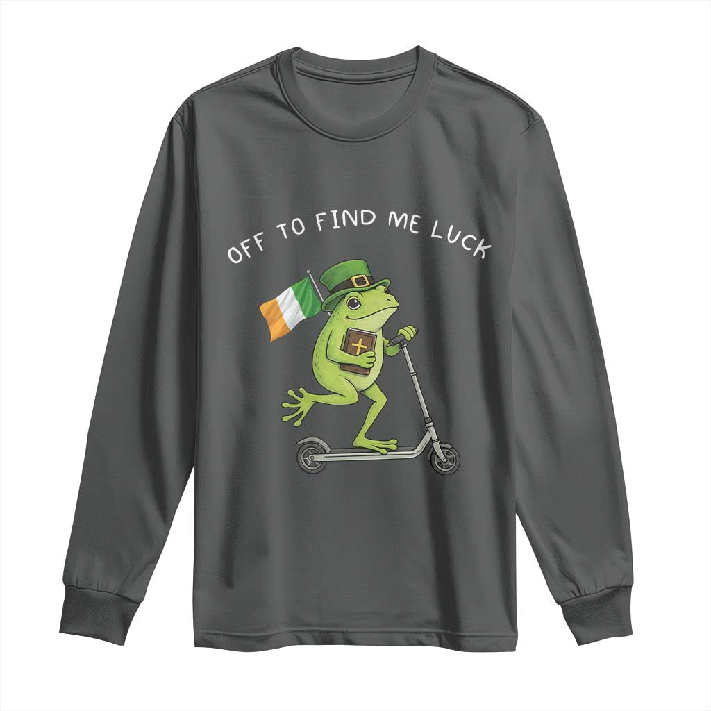 Funny Frog Christian St Patricks Day Long Sleeve Shirt Off To Find Me Lucky TS14 Dark Heather Print Your Wear
