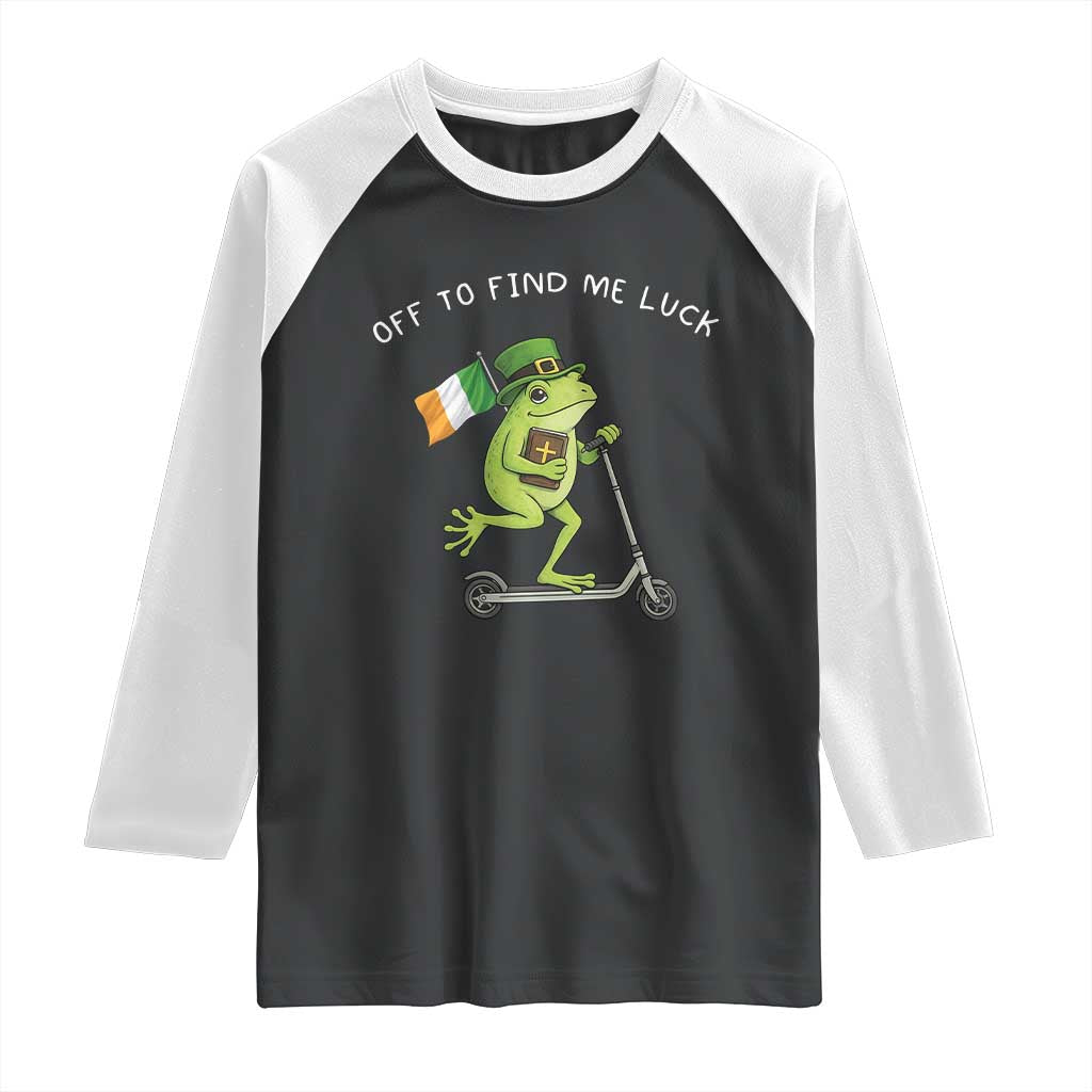 Funny Frog Christian St Patricks Day Raglan Shirt Off To Find Me Lucky TS14 Black White Print Your Wear