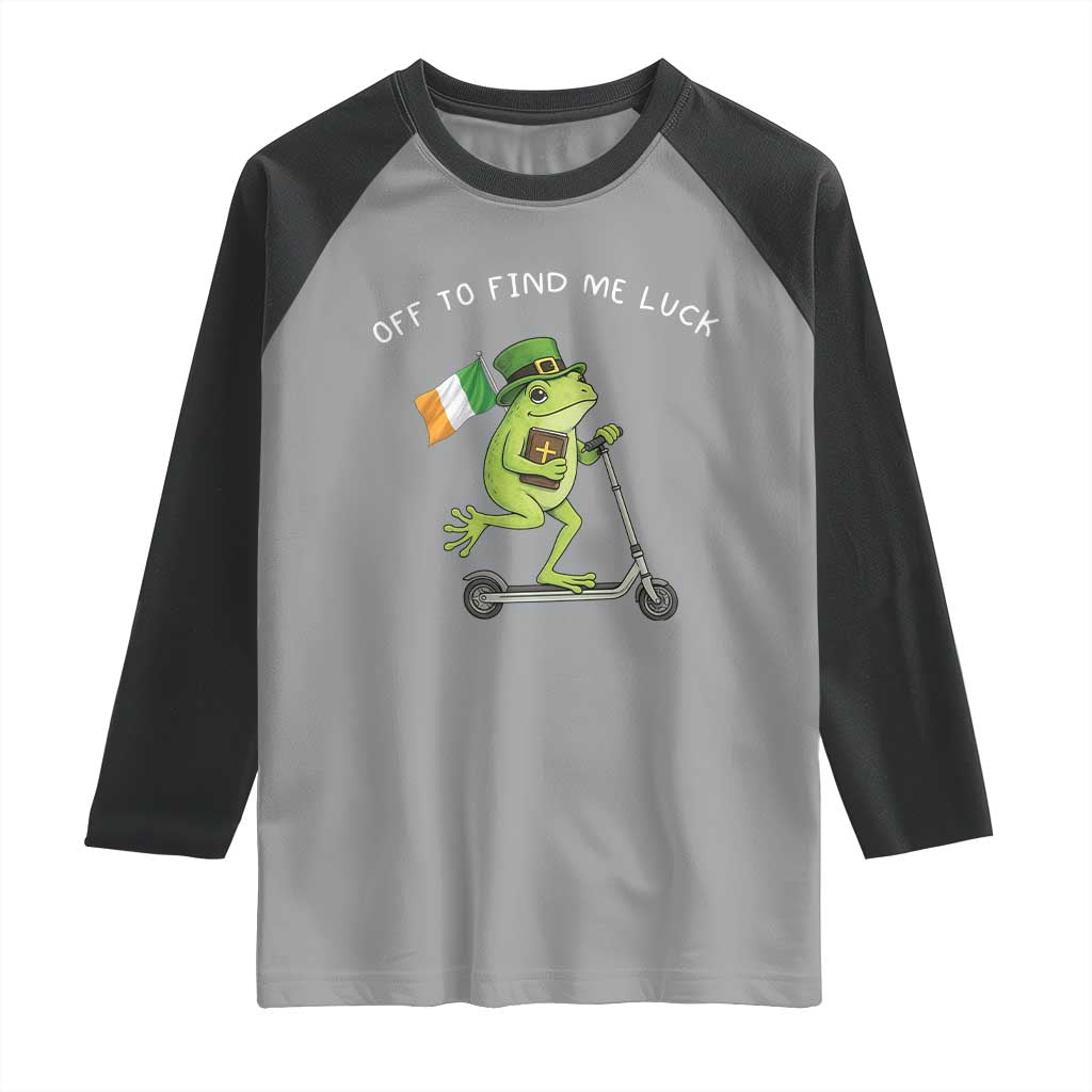Funny Frog Christian St Patricks Day Raglan Shirt Off To Find Me Lucky TS14 Sport Gray Black Print Your Wear