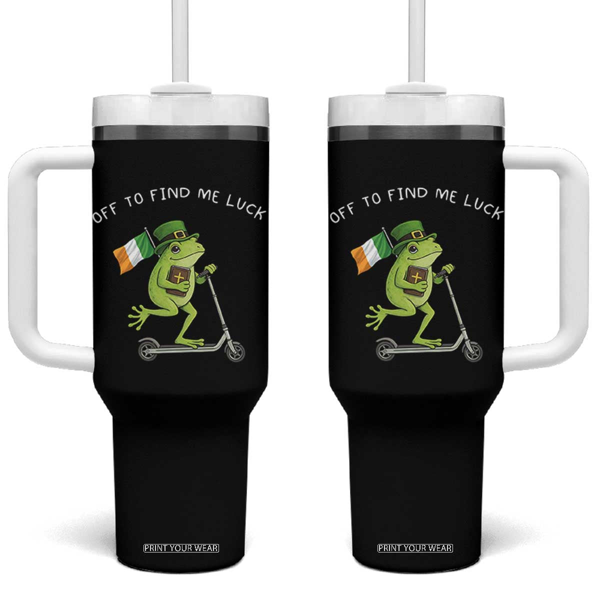Funny Frog Christian St Patricks Day Tumbler With Handle Off To Find Me Lucky TS14 One Size: 40 oz Black Print Your Wear
