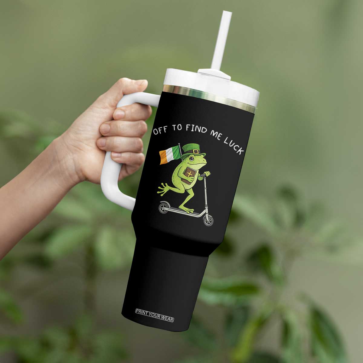 Funny Frog Christian St Patricks Day Tumbler With Handle Off To Find Me Lucky TS14 Print Your Wear