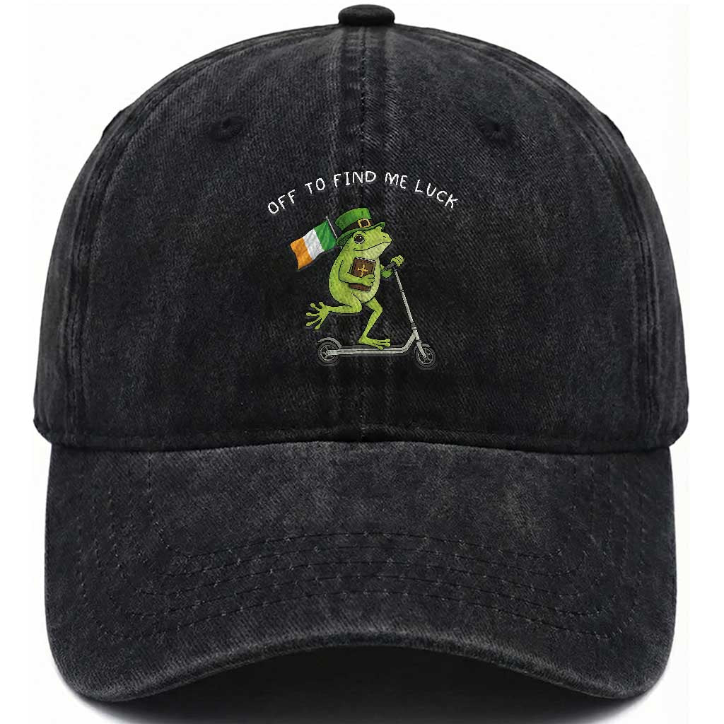 Funny Frog Christian St Patricks Day Washed Cotton Baseball Cap Off To Find Me Lucky TS14 Washed Cap Universal Fit Black Print Your Wear