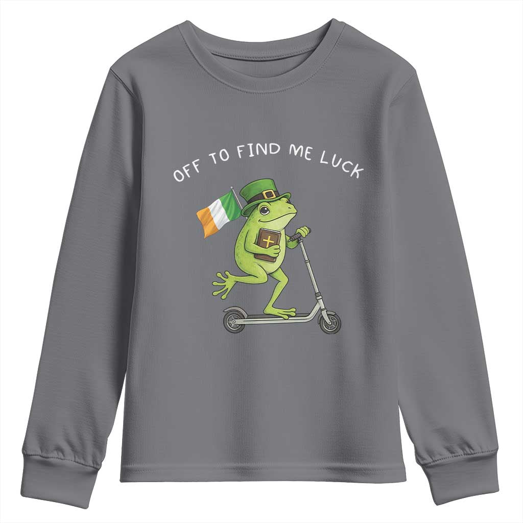 Funny Frog Christian St Patricks Day Youth Sweatshirt Off To Find Me Lucky TS14 Charcoal Print Your Wear