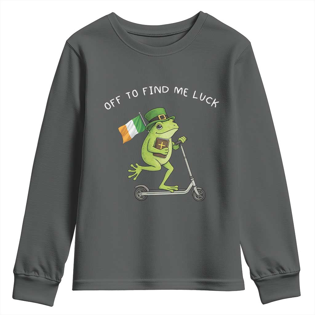 Funny Frog Christian St Patricks Day Youth Sweatshirt Off To Find Me Lucky TS14 Dark Heather Print Your Wear