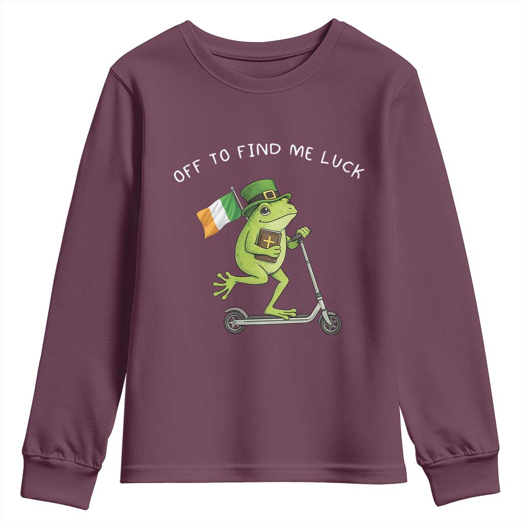 Funny Frog Christian St Patricks Day Youth Sweatshirt Off To Find Me Lucky TS14 Maroon Print Your Wear