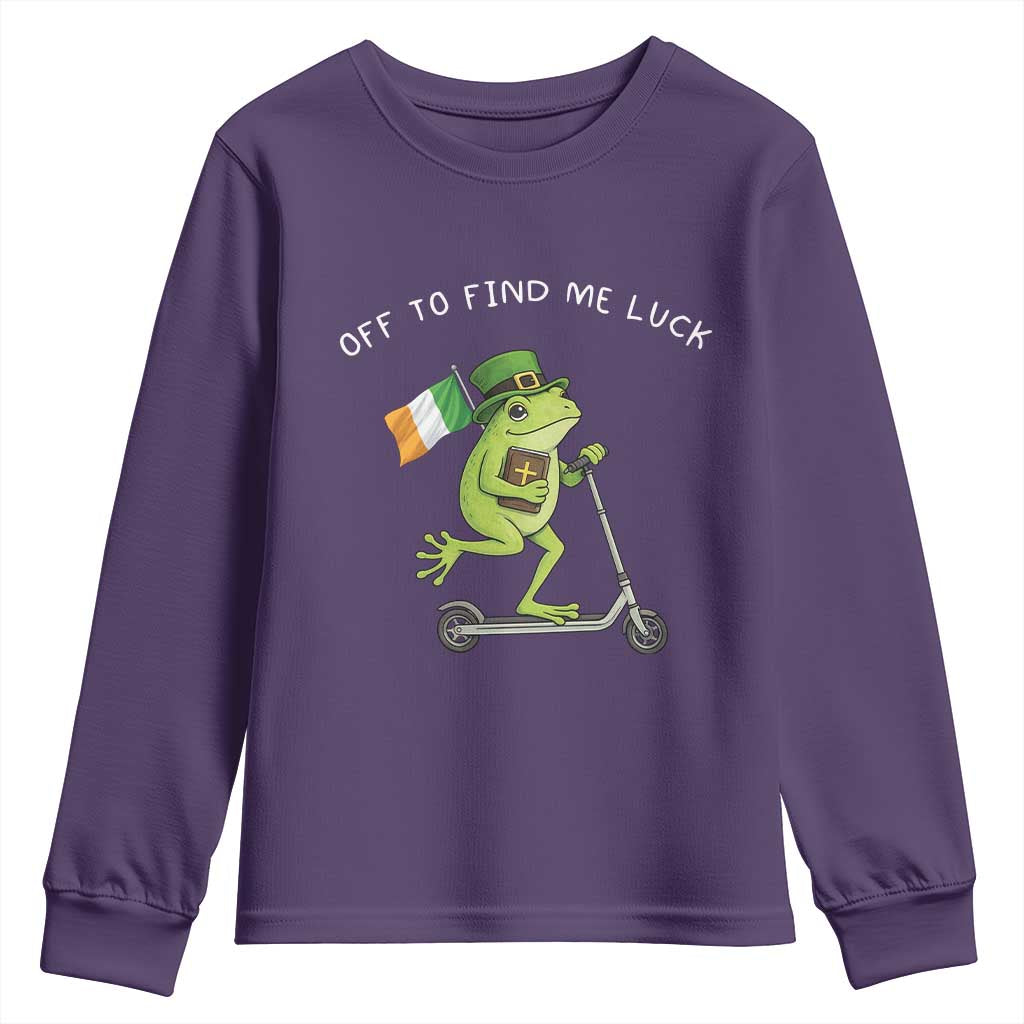 Funny Frog Christian St Patricks Day Youth Sweatshirt Off To Find Me Lucky TS14 Purple Print Your Wear