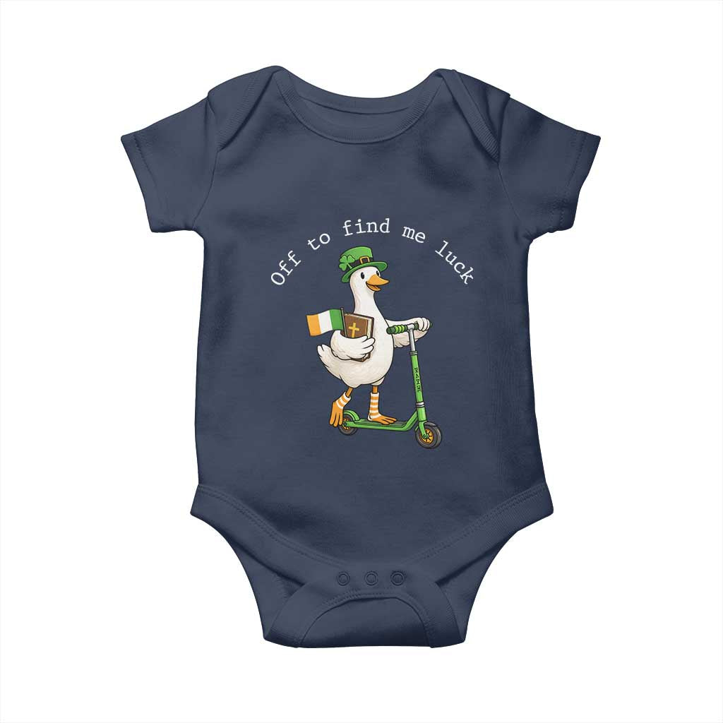 Funny Goose Christian St Patricks Day Baby Onesie Off To Find Me Lucky TS14 Navy Print Your Wear