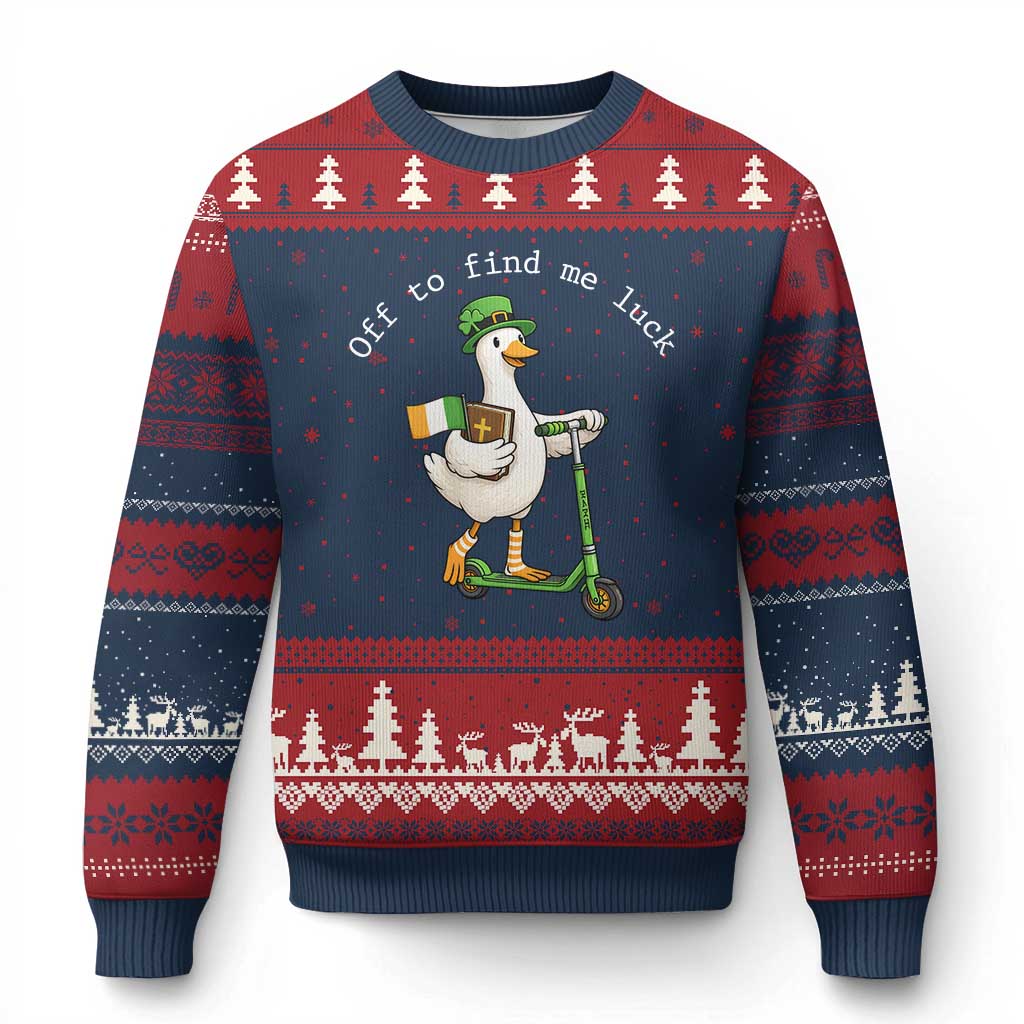Funny Goose Christian St Patricks Day Ugly Christmas Sweater Off To Find Me Lucky TS14 Navy Red Print Your Wear