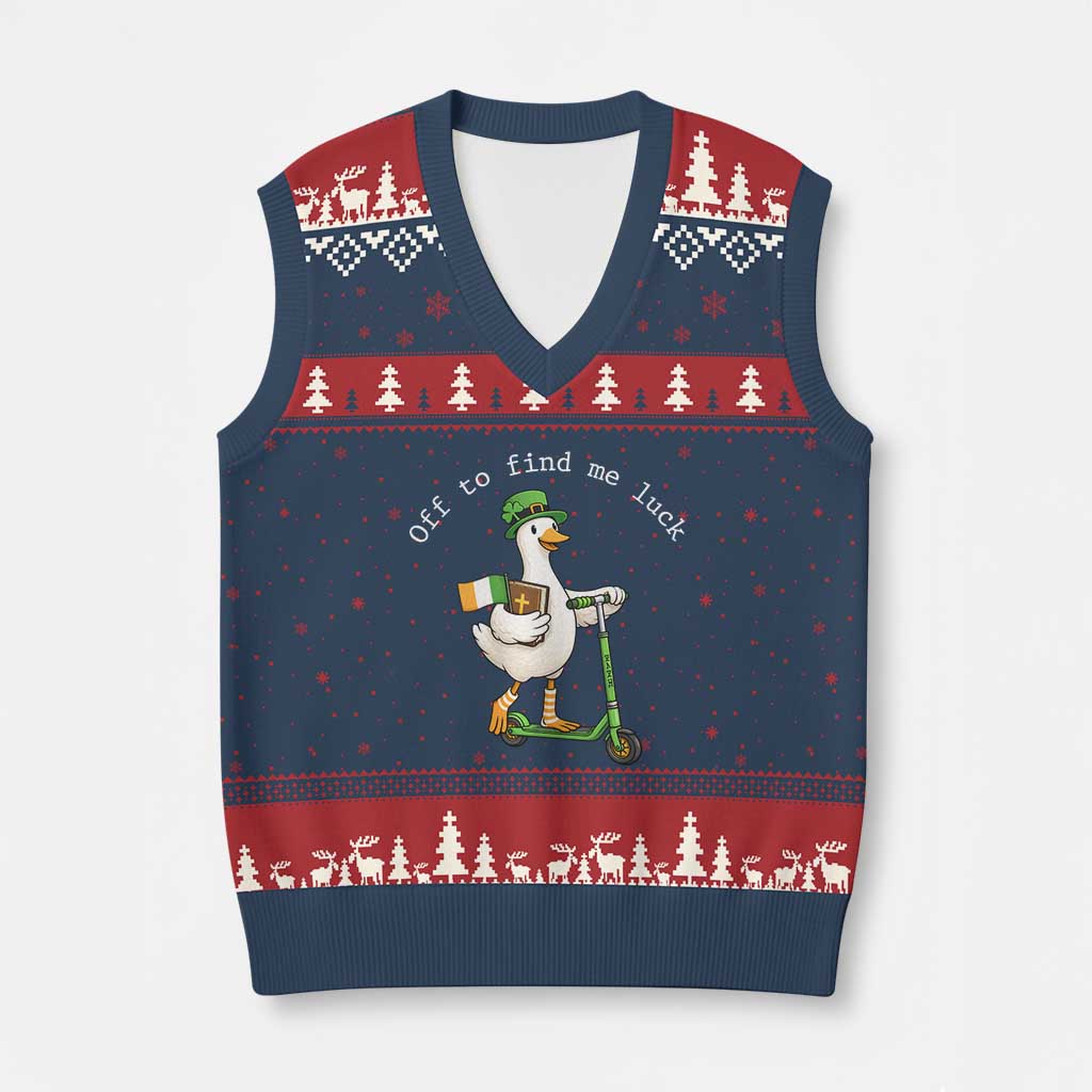 Funny Goose Christian St Patricks Day V-Neck Knit Sweater Vest Off To Find Me Lucky TS14 Navy Red Print Your Wear