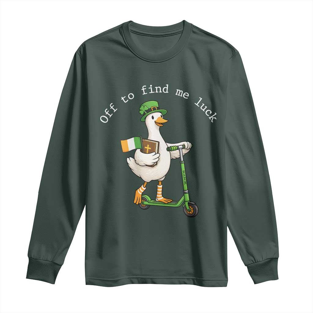 Funny Goose Christian St Patricks Day Long Sleeve Shirt Off To Find Me Lucky TS14 Dark Forest Green Print Your Wear