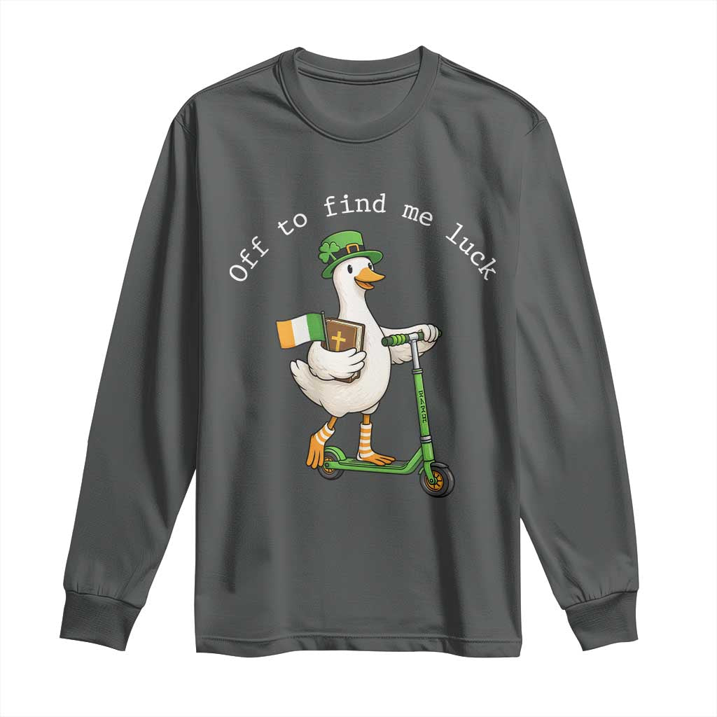 Funny Goose Christian St Patricks Day Long Sleeve Shirt Off To Find Me Lucky TS14 Dark Heather Print Your Wear