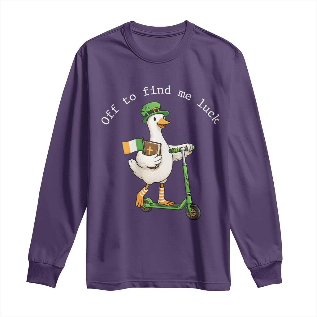 Funny Goose Christian St Patricks Day Long Sleeve Shirt Off To Find Me Lucky TS14 Purple Print Your Wear