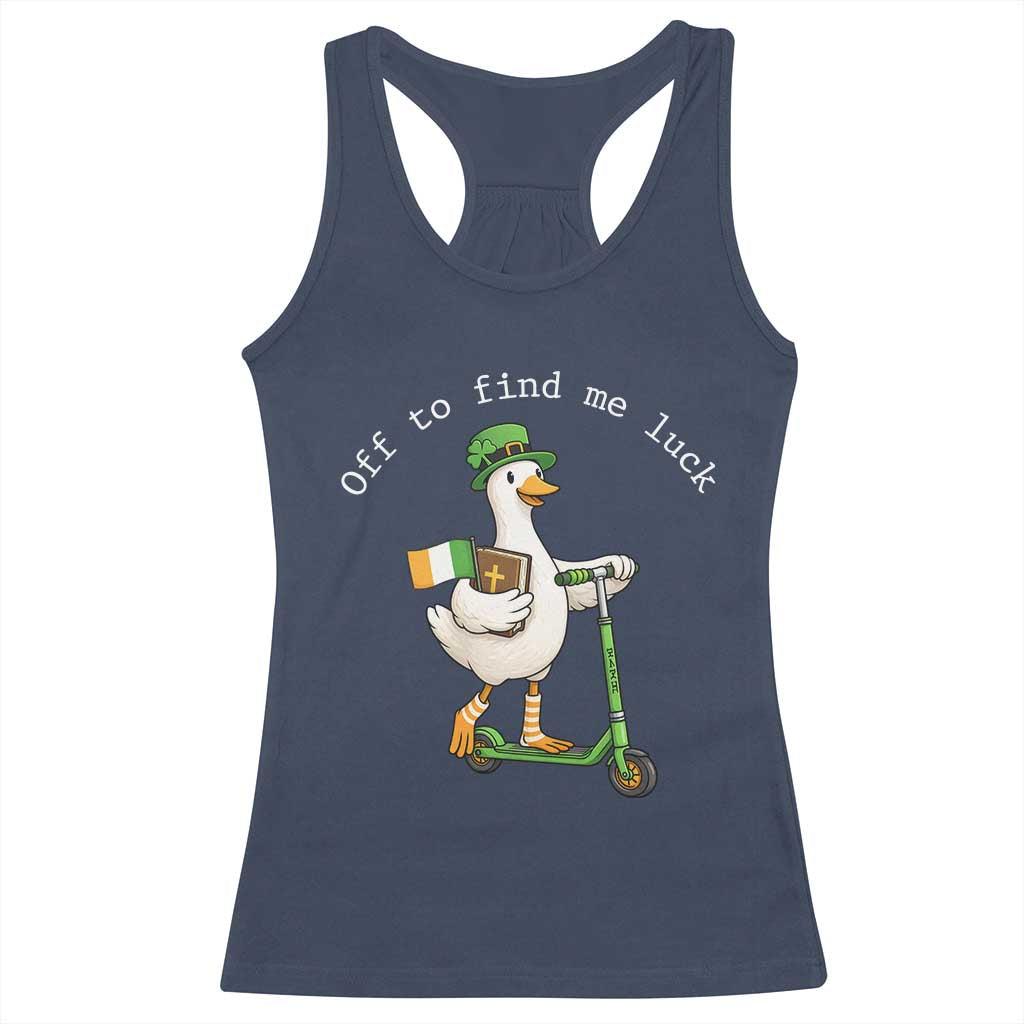 Funny Goose Christian St Patricks Day Racerback Tank Top Off To Find Me Lucky TS14 Navy Print Your Wear