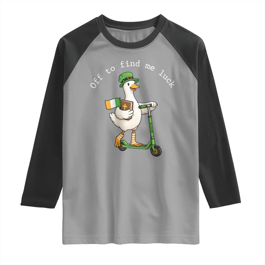 Funny Goose Christian St Patricks Day Raglan Shirt Off To Find Me Lucky TS14 Sport Gray Black Print Your Wear