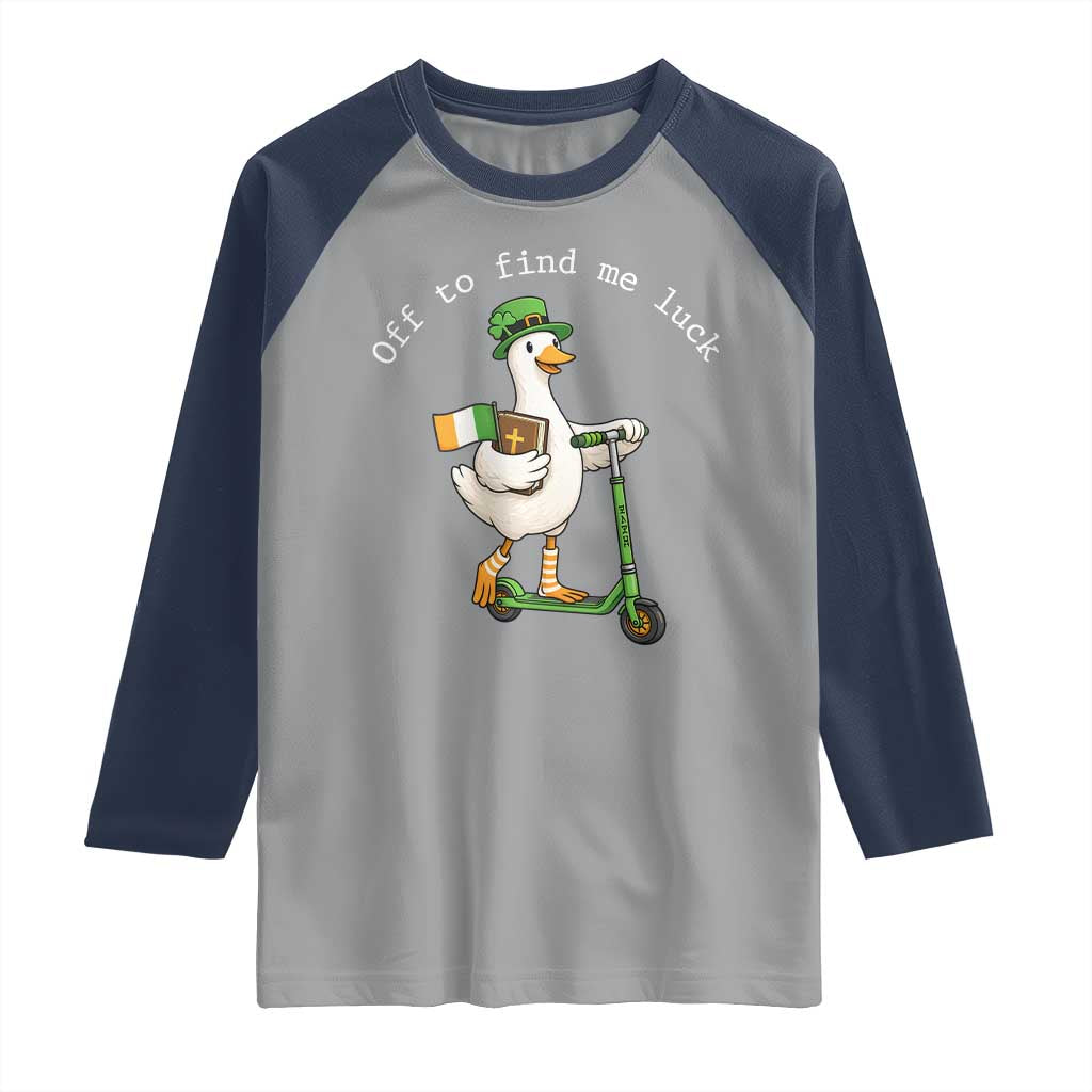Funny Goose Christian St Patricks Day Raglan Shirt Off To Find Me Lucky TS14 Sport Gray Navy Print Your Wear