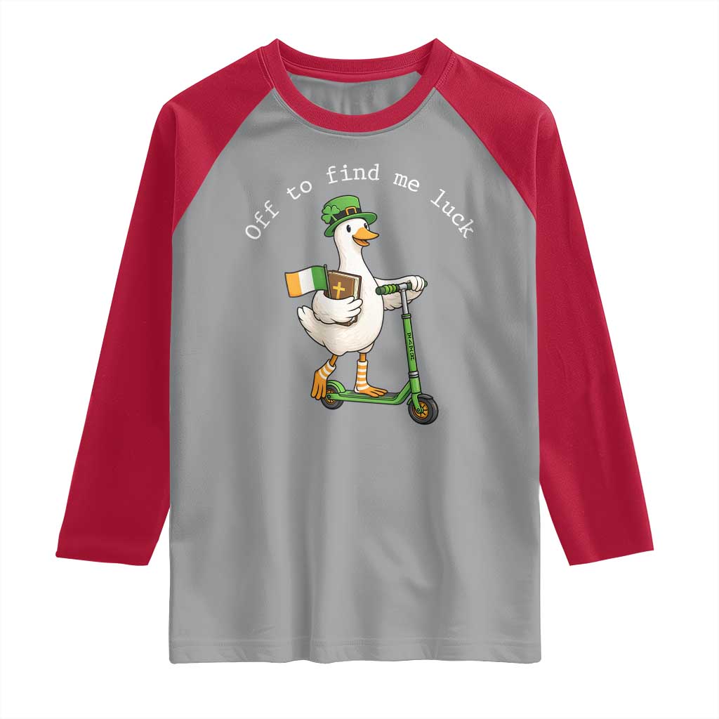 Funny Goose Christian St Patricks Day Raglan Shirt Off To Find Me Lucky TS14 Sport Gray Red Print Your Wear