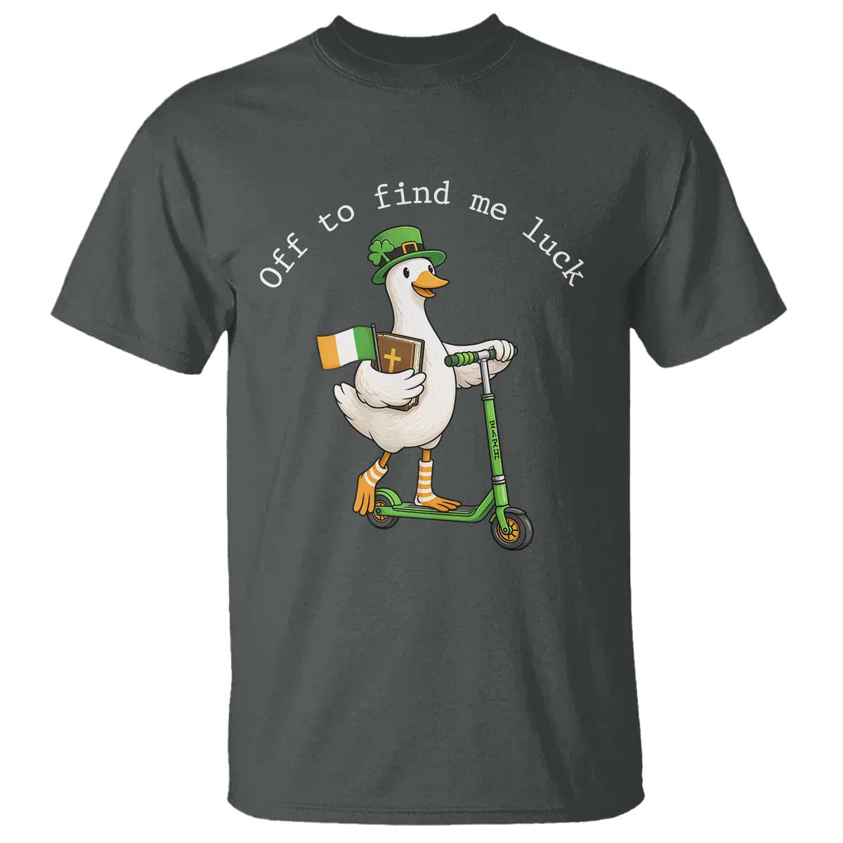 Funny Goose Christian St Patricks Day T Shirt Off To Find Me Lucky TS14 Dark Heather Print Your Wear