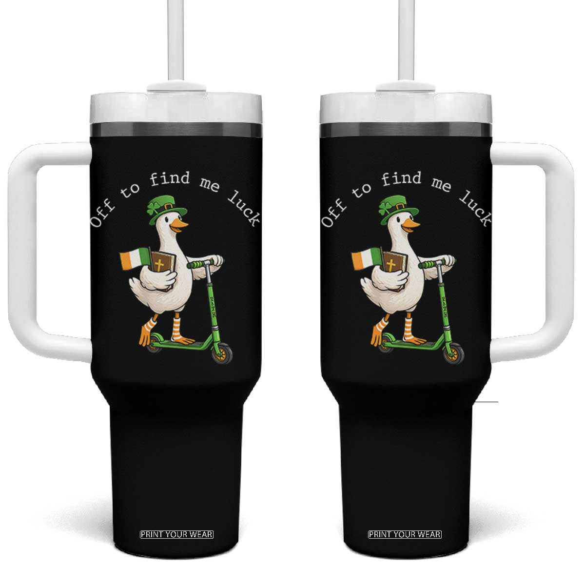 Funny Goose Christian St Patricks Day Tumbler With Handle Off To Find Me Lucky TS14 One Size: 40 oz Black Print Your Wear