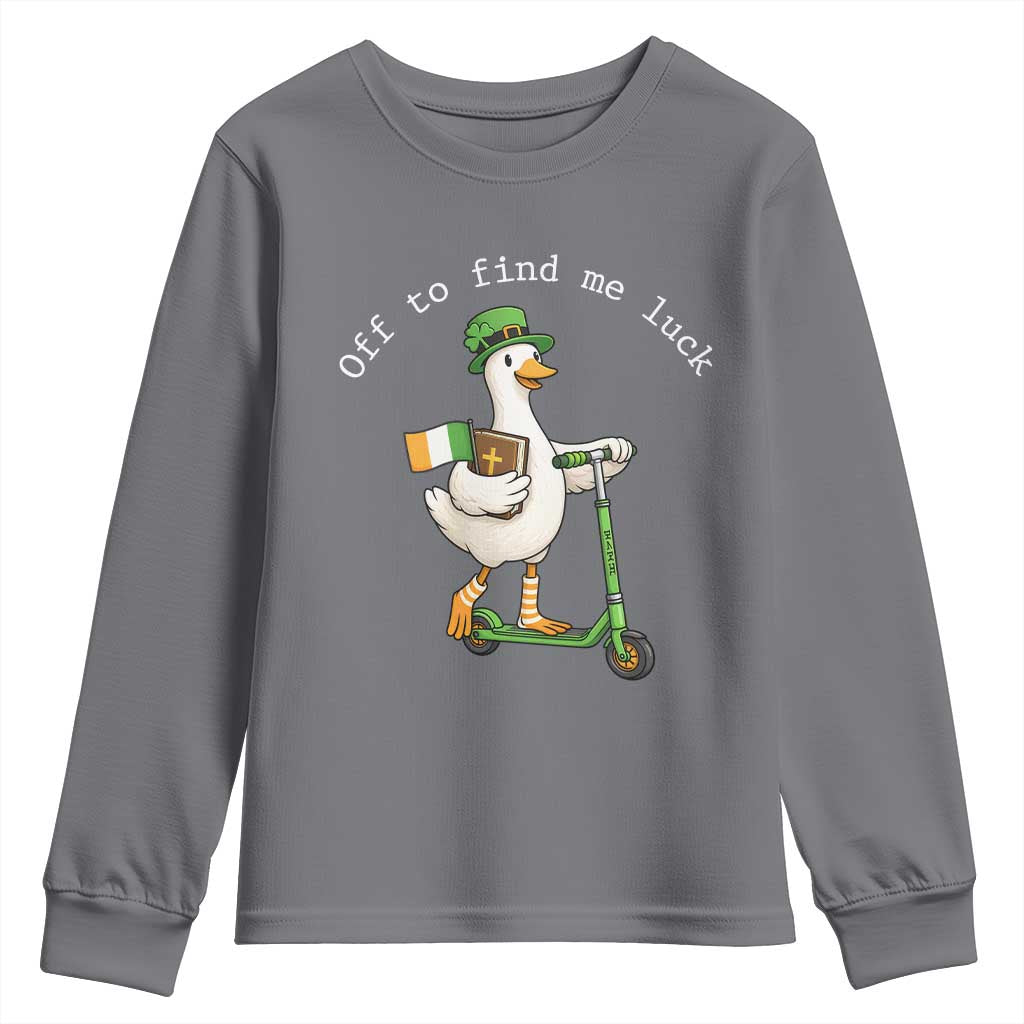 Funny Goose Christian St Patricks Day Youth Sweatshirt Off To Find Me Lucky TS14 Charcoal Print Your Wear