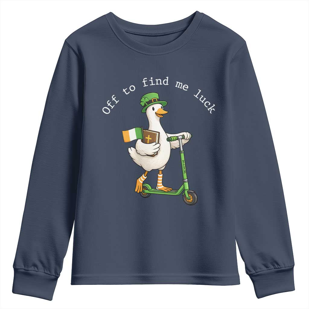 Funny Goose Christian St Patricks Day Youth Sweatshirt Off To Find Me Lucky TS14 Navy Print Your Wear