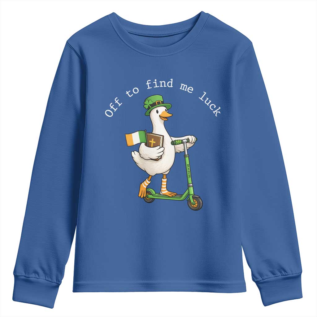 Funny Goose Christian St Patricks Day Youth Sweatshirt Off To Find Me Lucky TS14 Royal Blue Print Your Wear