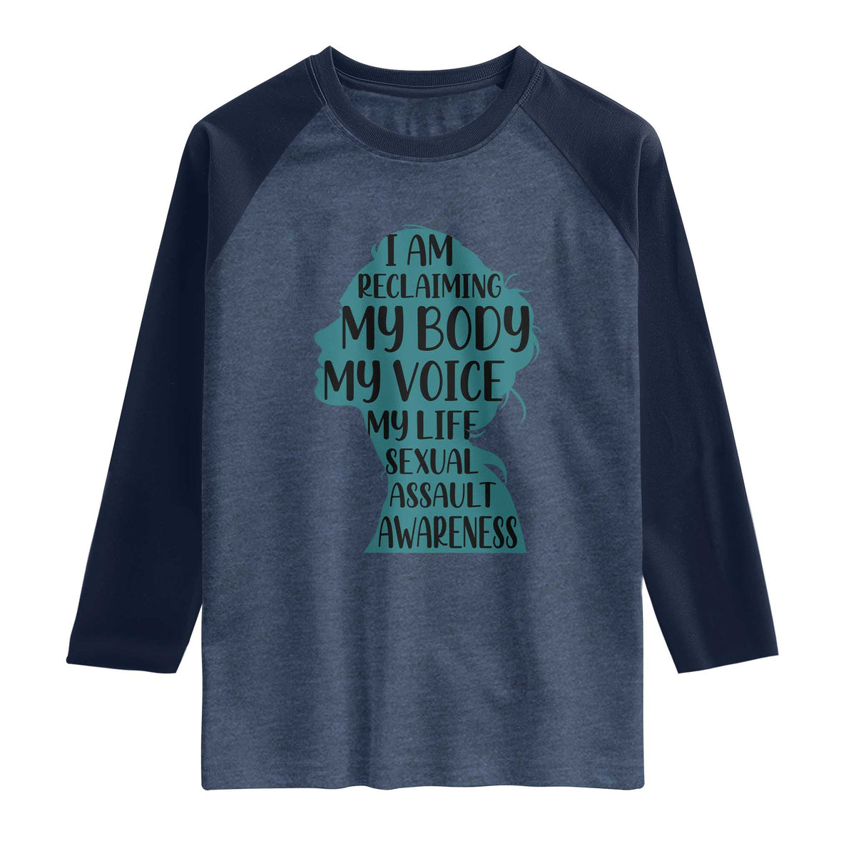 Sexual Assault Awareness Raglan Shirt Women Support Survivors TS14 Heather Denim Navy Print Your Wear