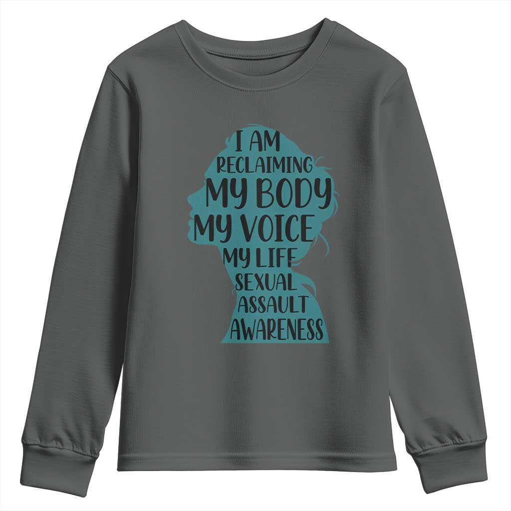 Sexual Assault Awareness Youth Sweatshirt Women Support Survivors TS14 Dark Heather Print Your Wear