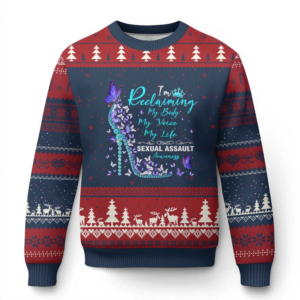 Sexual Assault Awareness Ugly Christmas Sweater I Am Reclaiming My Body My Voice My Life TS14 Navy Red Print Your Wear