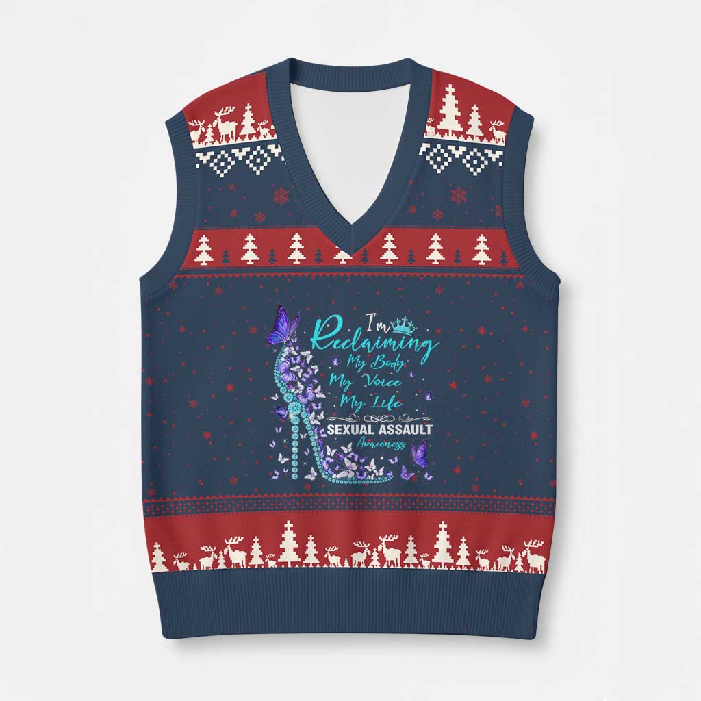 Sexual Assault Awareness V-Neck Knit Sweater Vest I Am Reclaiming My Body My Voice My Life TS14 Navy Red Print Your Wear