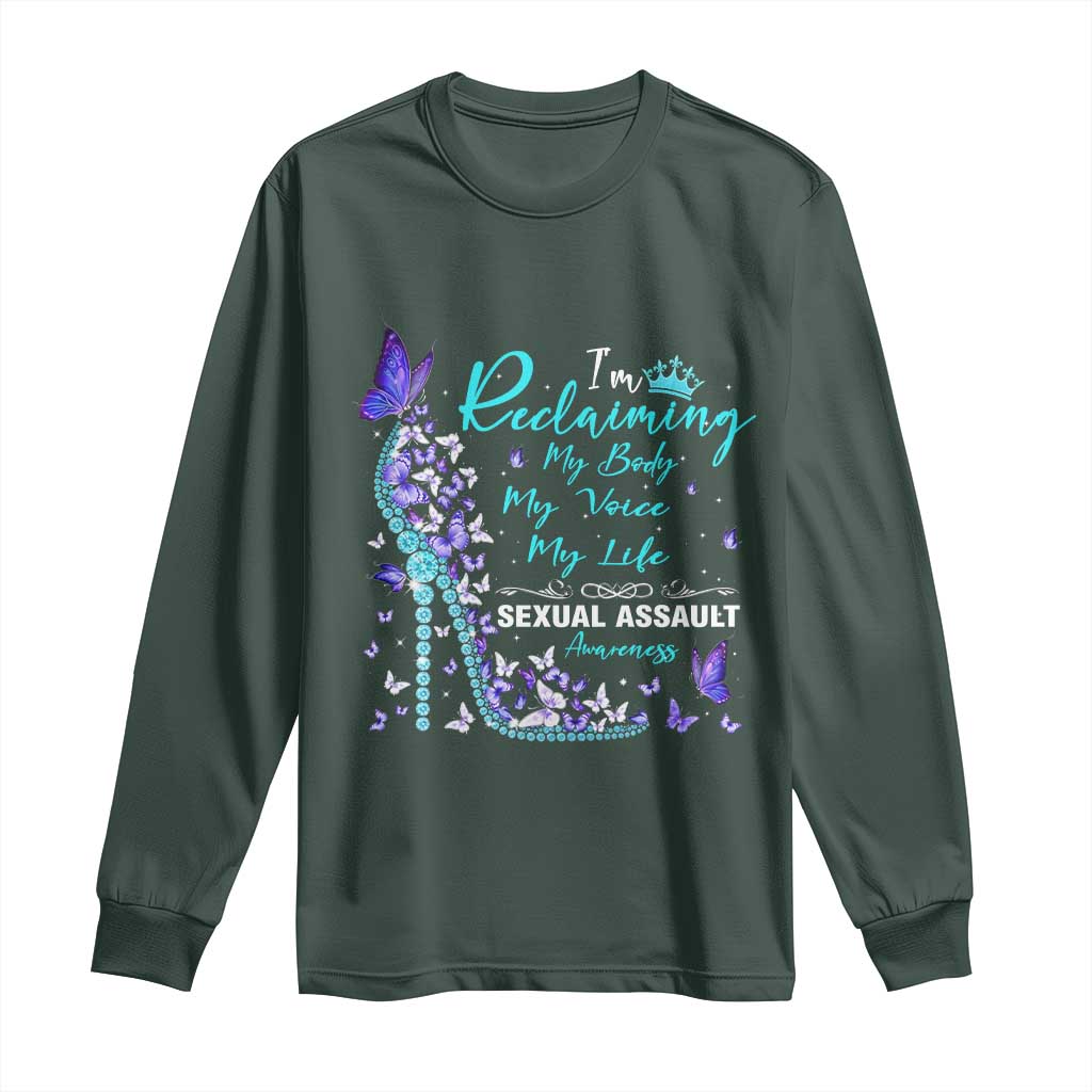 Sexual Assault Awareness Long Sleeve Shirt I Am Reclaiming My Body My Voice My Life TS14 Dark Forest Green Print Your Wear