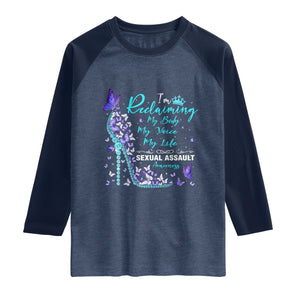 Sexual Assault Awareness Raglan Shirt I Am Reclaiming My Body My Voice My Life TS14 Heather Denim Navy Print Your Wear
