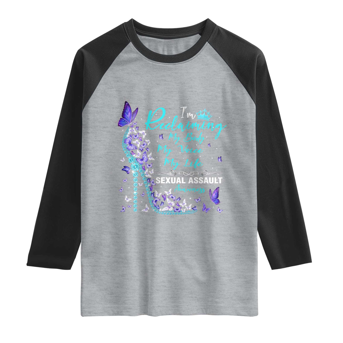 Sexual Assault Awareness Raglan Shirt I Am Reclaiming My Body My Voice My Life TS14 Heather Gray Black Print Your Wear
