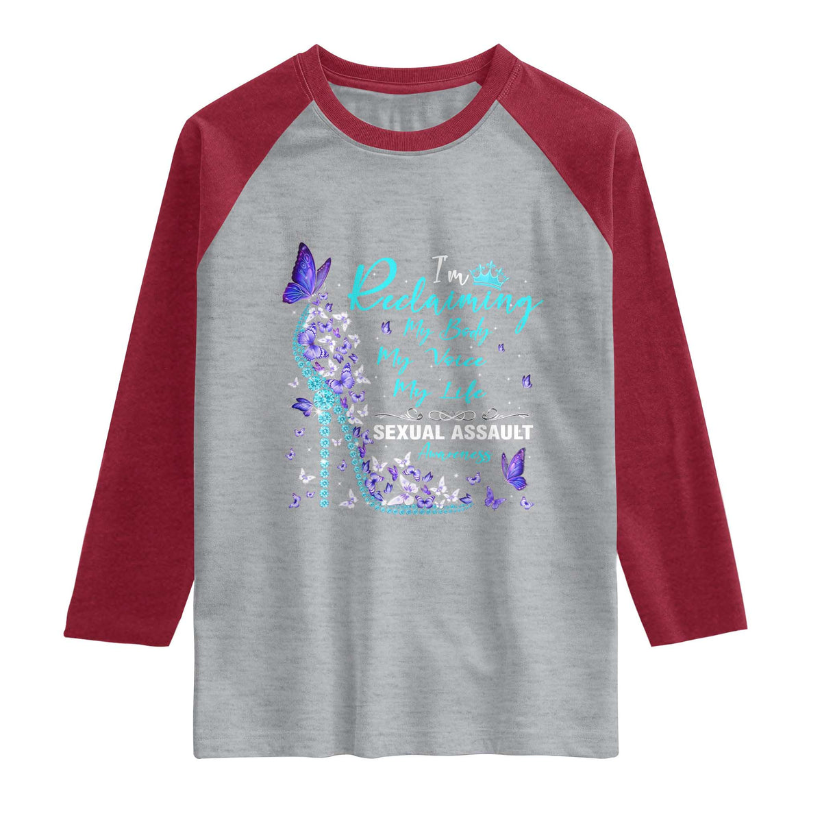 Sexual Assault Awareness Raglan Shirt I Am Reclaiming My Body My Voice My Life TS14 Heather Gray Heather Red Print Your Wear