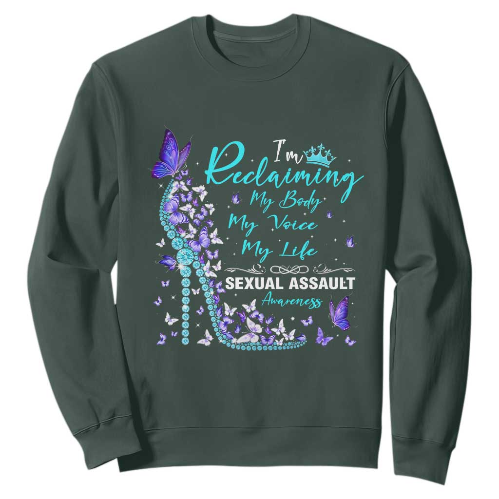 Sexual Assault Awareness Sweatshirt I Am Reclaiming My Body My Voice My Life TS14 Dark Forest Green Print Your Wear