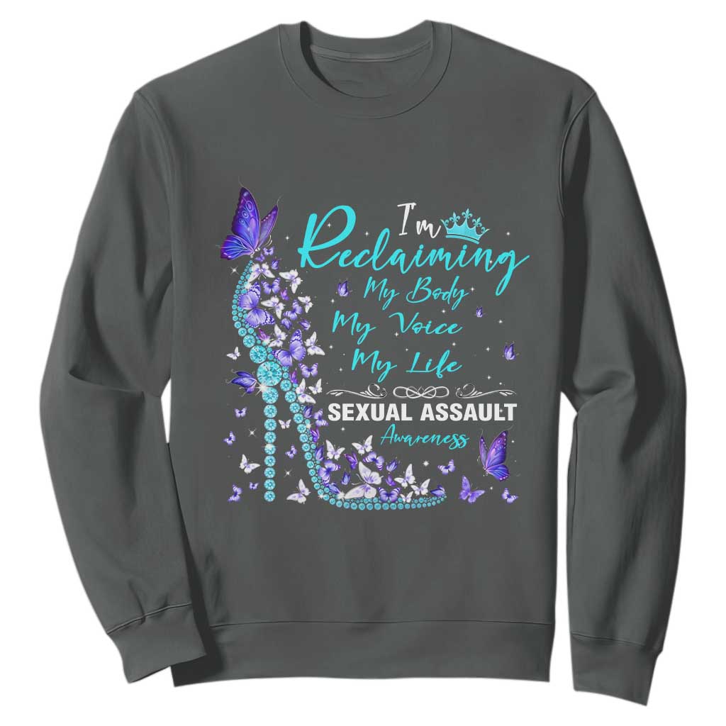 Sexual Assault Awareness Sweatshirt I Am Reclaiming My Body My Voice My Life TS14 Dark Heather Print Your Wear