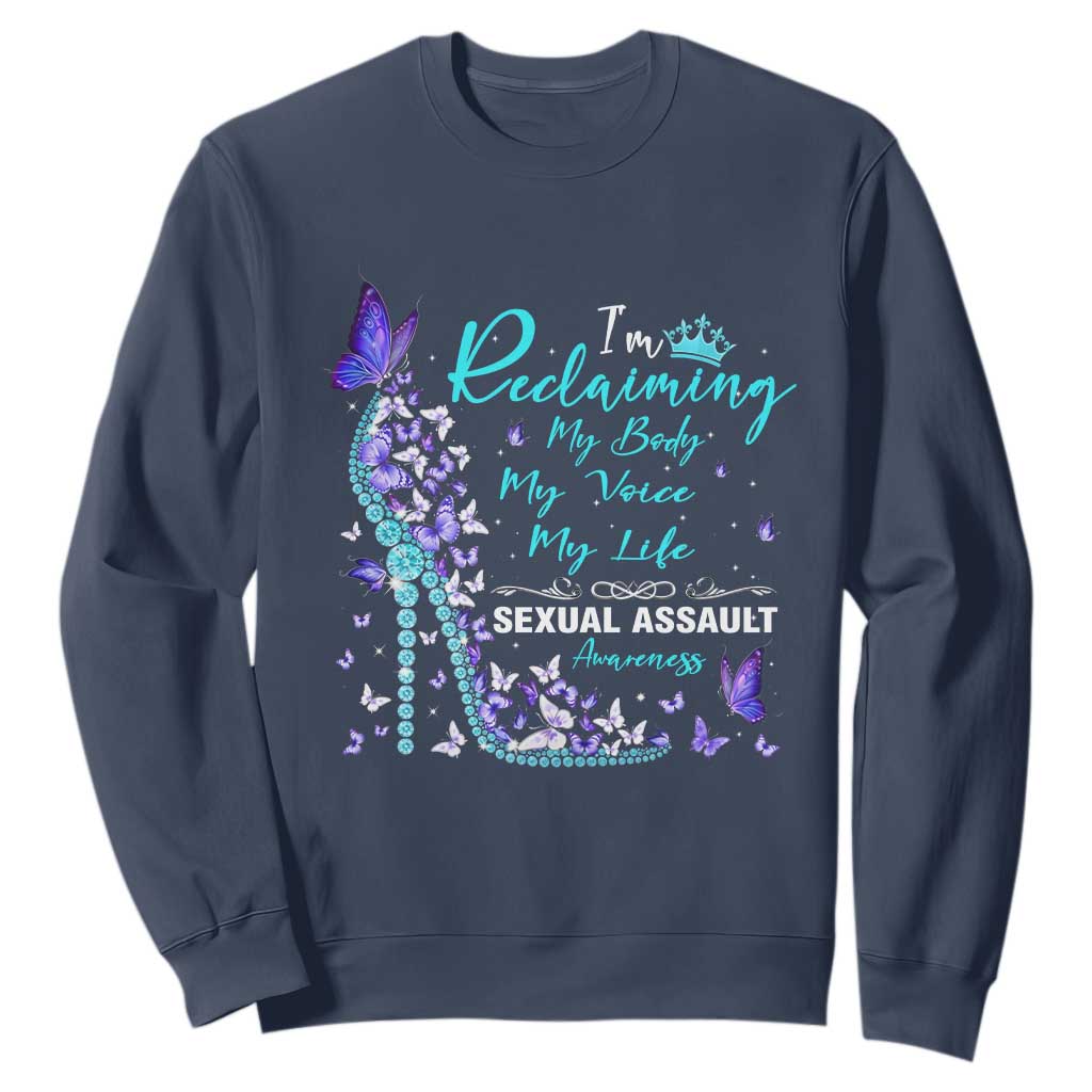 Sexual Assault Awareness Sweatshirt I Am Reclaiming My Body My Voice My Life TS14 Navy Print Your Wear