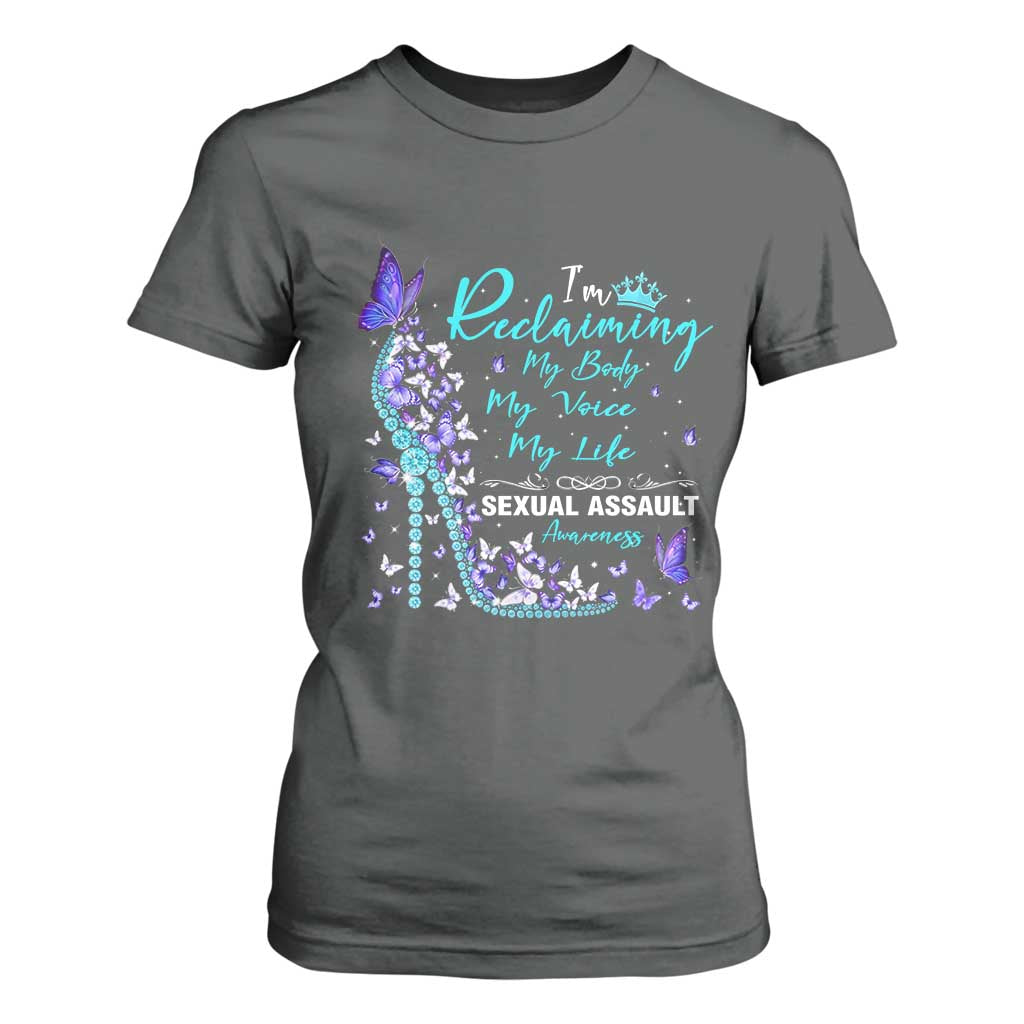 Sexual Assault Awareness T Shirt For Women I Am Reclaiming My Body My Voice My Life TS14 Dark Heather Print Your Wear
