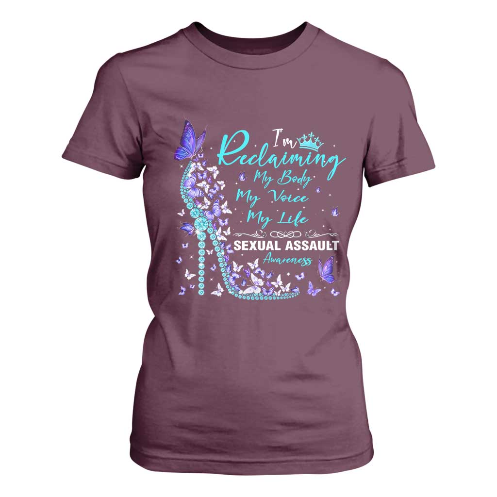 Sexual Assault Awareness T Shirt For Women I Am Reclaiming My Body My Voice My Life TS14 Maroon Print Your Wear