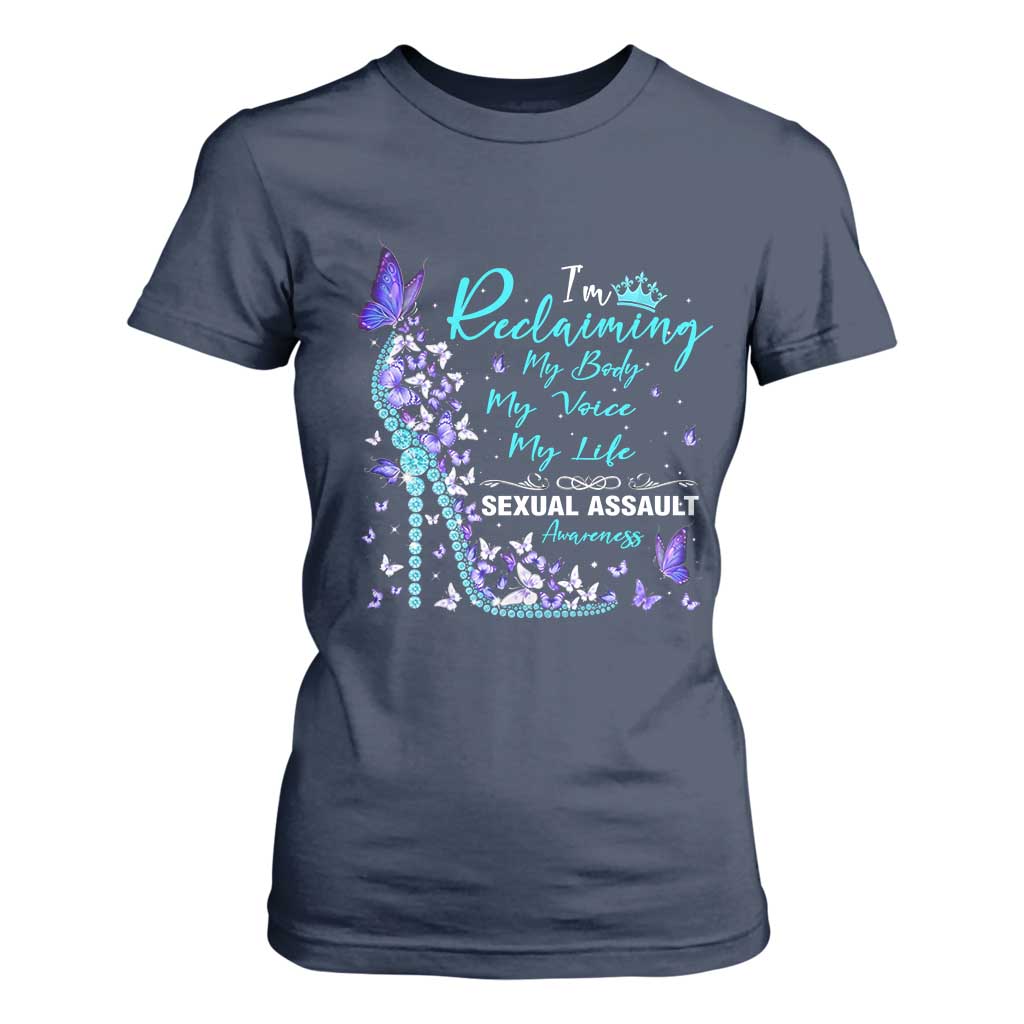 Sexual Assault Awareness T Shirt For Women I Am Reclaiming My Body My Voice My Life TS14 Navy Print Your Wear