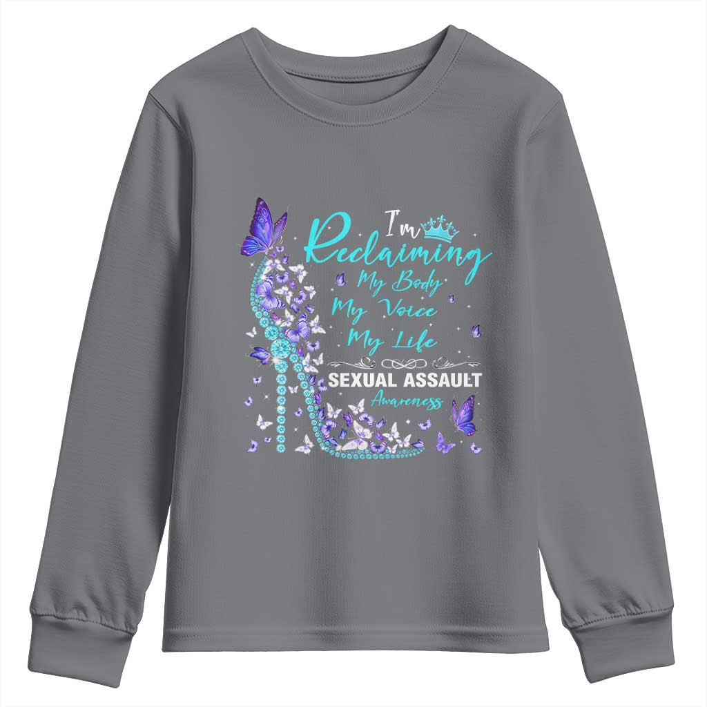 Sexual Assault Awareness Youth Sweatshirt I Am Reclaiming My Body My Voice My Life TS14 Charcoal Print Your Wear
