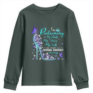 Sexual Assault Awareness Youth Sweatshirt I Am Reclaiming My Body My Voice My Life TS14 Dark Forest Green Print Your Wear
