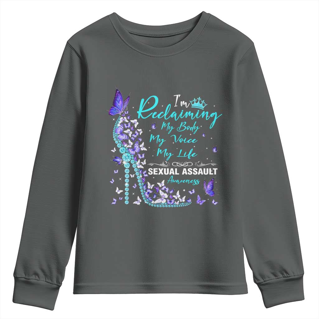 Sexual Assault Awareness Youth Sweatshirt I Am Reclaiming My Body My Voice My Life TS14 Dark Heather Print Your Wear